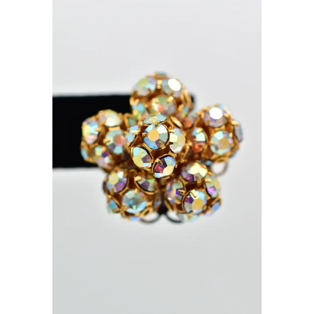 Vintage Crystal Clip On Earrings Aurora Borealis Prong Ball Flower 1950s BinBK